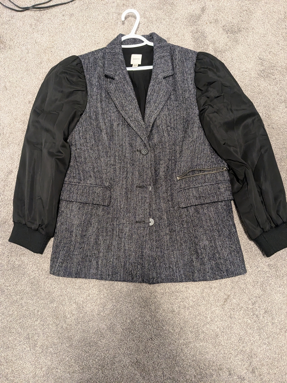 Anthro Maeve Gray Tweed Blazer with Black Puff Sleeves